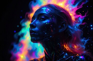 A sensual closeup portrait of a beautiful dreamy woman model surrounded by vibrant neon space surreal aurora lights. Medium clairoyant enlightenment spirituality magic psy photo illustration concept.