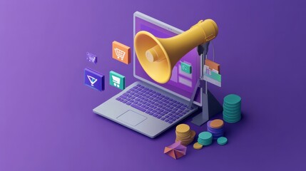 The concept of online shopping and digital marketing, illustrated in isometric format. Laptop screen, megaphone speaker, and 3D sale and discount promotion icons.