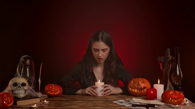 Halloween gothic woman witch fortune teller sitting at table whispering talking spell on candle, being possessed by spirit. Magic halloween concept.