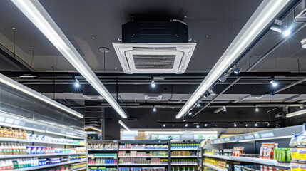 Modern supermarket interior featuring ceiling mounted air conditioning unit and bright LED lighting illuminating shelves filled with various products