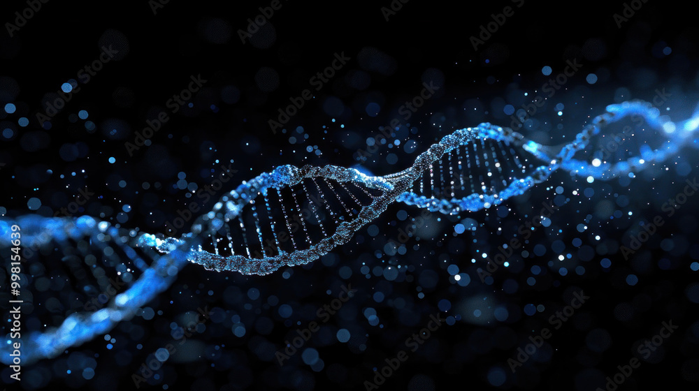 Poster stunning representation of dna double helix, illuminated with vibrant blue tones against dark backgr