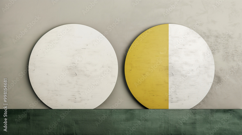 Poster two round objects with a yellow and white stripe in the middle