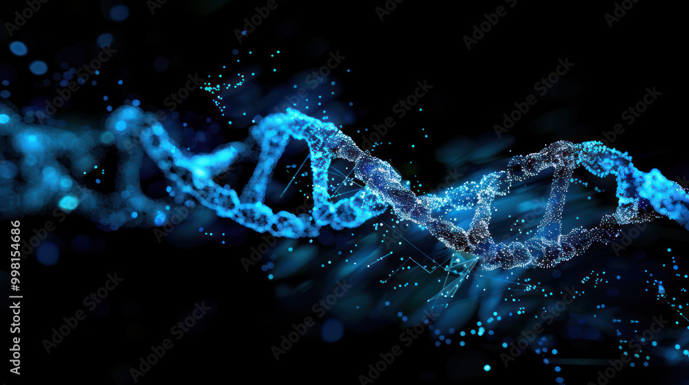 Poster digital representation of dna double helix with glowing blue particles, symbolizing genetic research