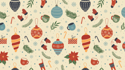 Seamless Pattern with Christmas Elements in Vintage Colors. Christmas decor, Christmas Tree Toys, Mittens, Mugs. Horizontal Vector Banner