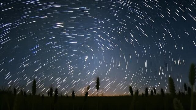4K hyperlapse night sky filled glowing stars meteoric trails rotating ng wheat sprouts summer season offering breathtaking view starry perspective barley