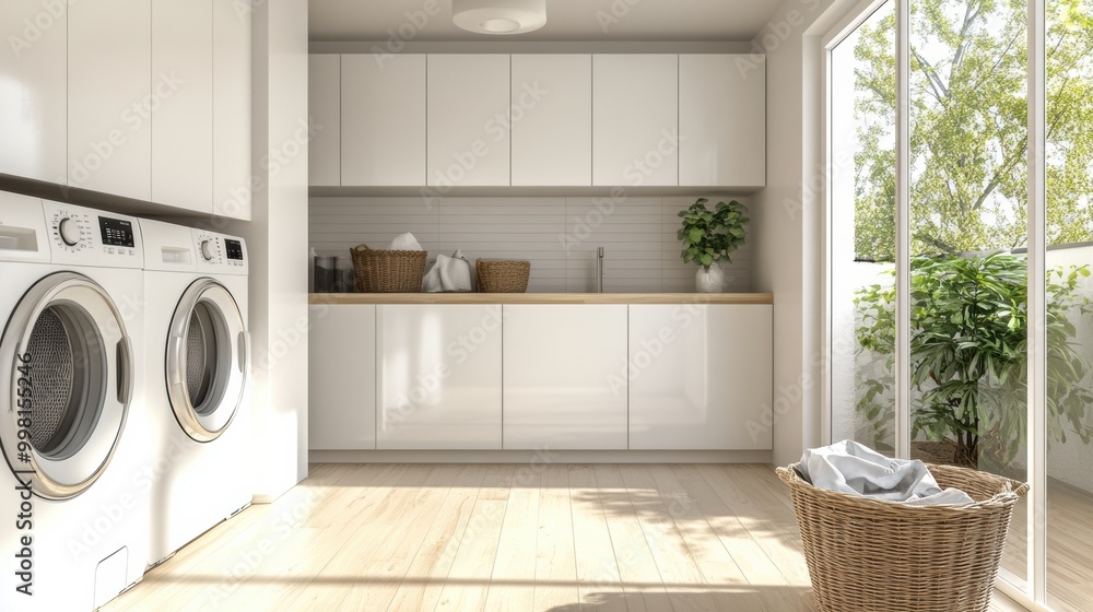Poster this well-designed laundry room showcases built-in washing and drying machines along with sleek whit