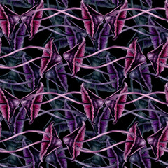 Seamless pattern with poisonous purple toadstools on green background. Watercolor illustration template for esoteric, witchcraft, Halloween: invitations, menus, advertising, cards, postcards