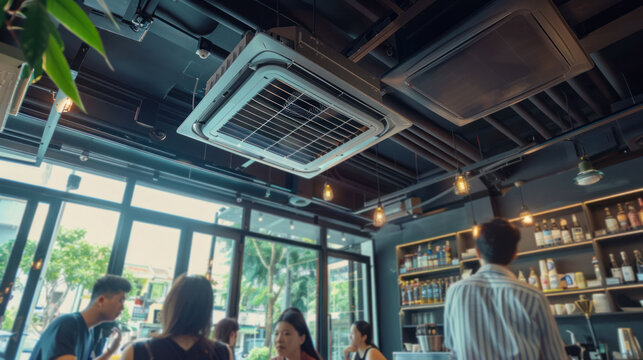 modern cafe interior featuring ceiling mounted air conditioning unit, with patrons enjoying their time. ambiance is lively, showcasing blend of comfort and style