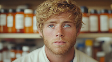 Fototapeta premium A young male researcher with tousled blonde hair and striking blue eyes focuses on his work in a bright laboratory filled with various containers