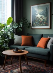 Fototapeta premium Dark Green Living room with sofa