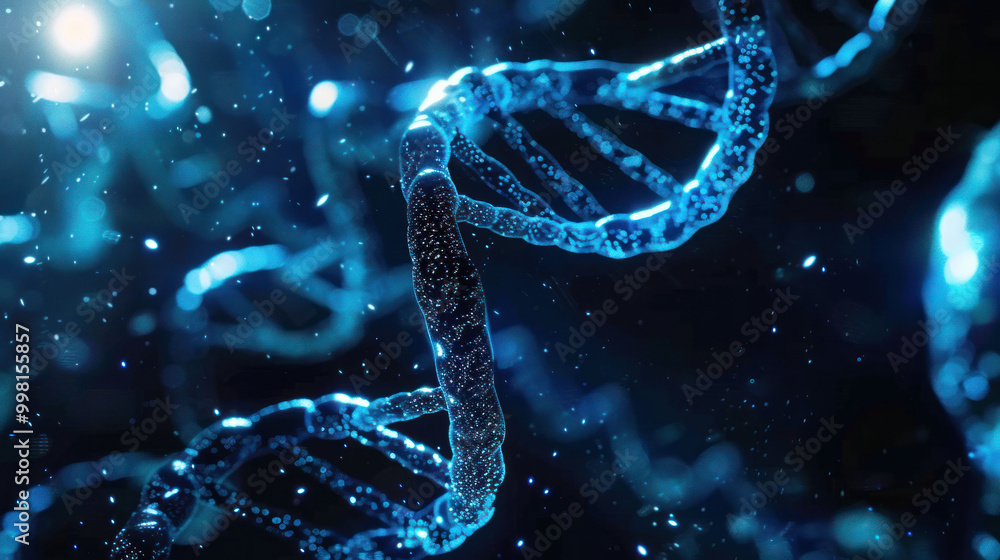 Poster close up view of dna double helix structure, illuminated with blue light, showcasing intricate detai