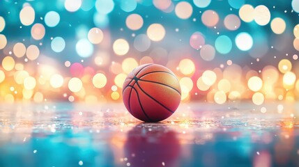 Obraz premium A vibrant basketball rests on a reflective surface, surrounded by an enchanting bokeh backdrop filled with colorful lights, creating a dynamic and festive atmosphere.