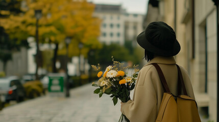 A woman is walking down a street holding a bouquet of flowers