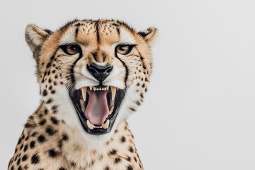 Cheetah Roaring with Fierce Expression
A cheetah roaring intensely, displaying its sharp teeth and powerful jawline