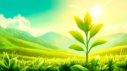 Obraz premium Young plant growing in a field with sunlight shining down