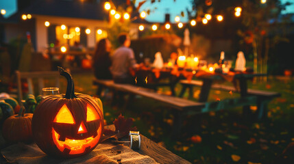 Close-up of a jack-o'-lantern placed at a Halloween garden party.