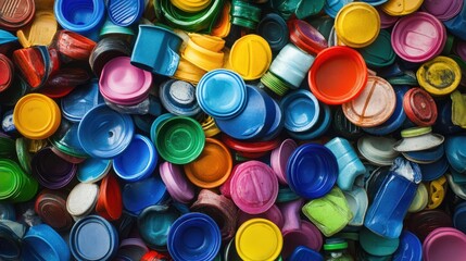a pile of colorful plastic bottle caps and bottles
