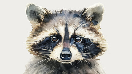 Obraz premium Portrait of a raccoon close-up watercolor illustration Raccoon head drawing on pale background