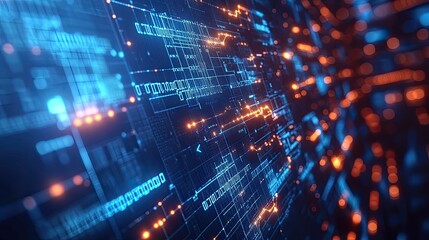 Fototapeta premium 3D blockchain network with glowing nodes and data flow lines, floating in a futuristic blue cyberspace background, ideal for data analysis and tech visualization.
