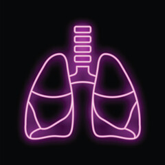 Neon icon of human lungs is glowing against a dark background, representing respiratory health