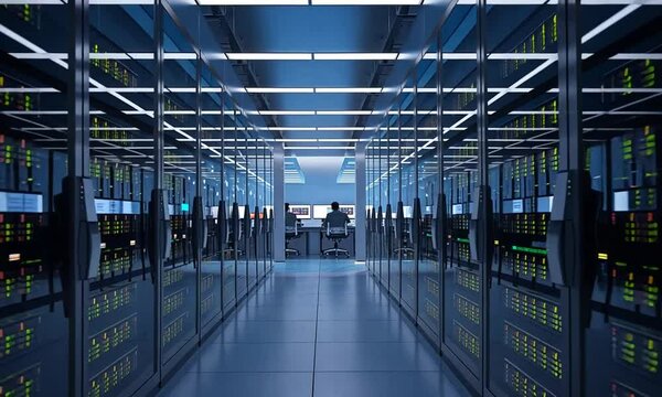 Behind glass panels in the server room of a data center or Internet service provider, digital information travels through the network and servers to reach its destination.