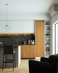 A stylish modern kitchen with beautiful wood and stone elements