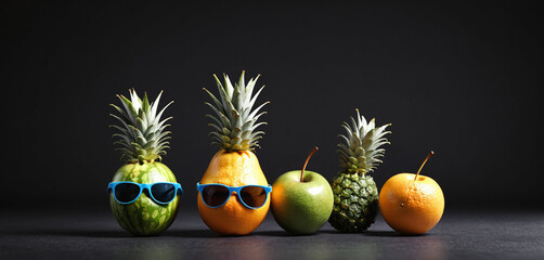 Illustrative depiction of fruit as a happy laughing character wearing sunglasses against a monochrome background, enjoying healthy food