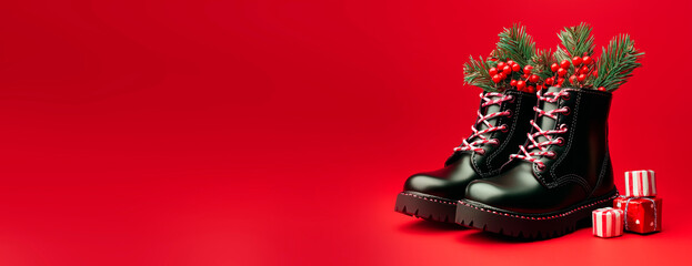 Photo of black polished shiny boots with fir branches and sweets sticking out on a red background on St. Nicholas Day.