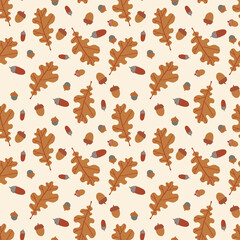 Autumn seamless pattern with leaves and acorns. Oak leaves and acorns background. Modern fall seasonal decor. Cozy season repeating wallpaper. Perfect for stationery, wrapping, packaging, fabric.