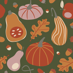 Autumn seamless pattern with pumpkins, leaves, acorns. Thanksgiving print. Autumn vibes background. Cosy season and warm colors ornament. Perfect for packaging, textile, stationary, decor, crafts. 