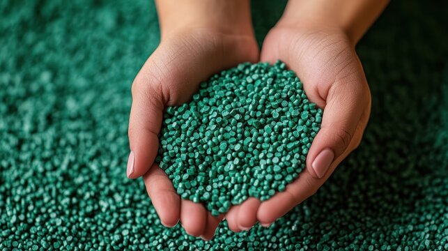 Close-up of hands holding a heap of green, eco-friendly biodegradable plastic pellets