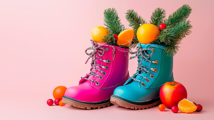 Photo of multi-colored shoes with fir branches sticking out, sweets and fruits for St. Nicholas Day.