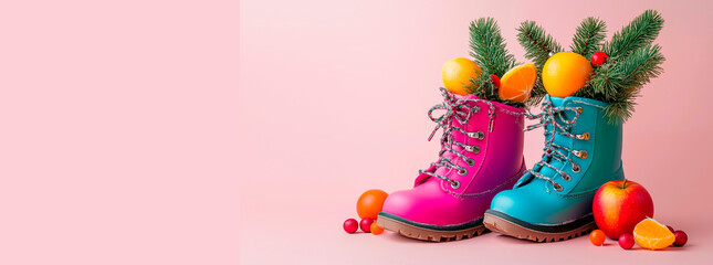 Photo of multi-colored shoes with fir branches sticking out, sweets and fruits for St. Nicholas Day.