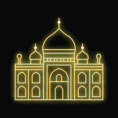 Neon yellow line art icon of the taj mahal building is glowing on a black background