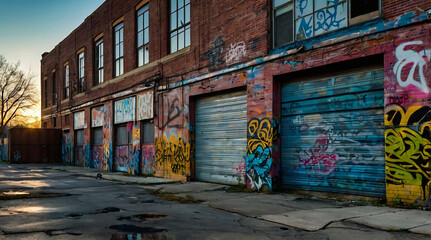 Fototapeta premium Gritty Urban Warehouse With Eclectic Graffiti And Street Art