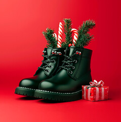 Photo of black polished shiny boots with fir branches and sweets sticking out on a red background on St. Nicholas Day.