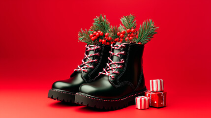 Photo of black polished shiny boots with fir branches and sweets sticking out on a red background on St. Nicholas Day.