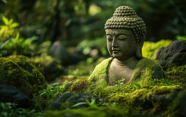 A serene moss-covered Buddha statue in an ancient forest, surrounded by lush greenery and a tranquil atmosphere