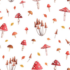 Square seamless pattern with various mushrooms - fly agaric, amanita, honey fungus, penny bun. Watercolor hand drawn detailed mushrooms on white background - design for wallpapers, textile, gift wrap