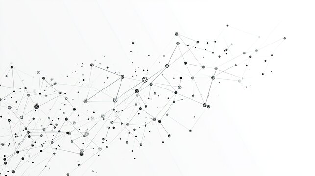 A clean, minimalist white background with abstract tech network connections, featuring dots and lines representing digital data analysis and network technology.