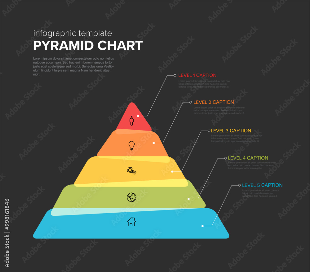 Poster vector maslow infographic stipe layers template with five levels - color pyramid template on dark ba
