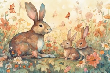 A serene scene of a mother rabbit with two young ones in a floral setting.