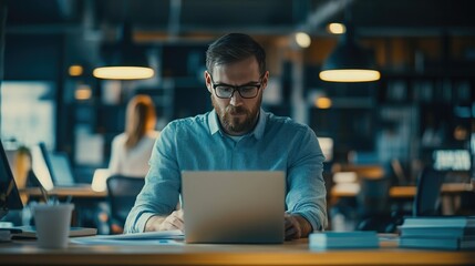 Fototapeta premium Corporate businessman working in a busy marketing office space with hustle and planning strategies in books and reading emails on laptop in office. Businessman. Businesswoman. and workers at startup a