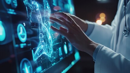 Hands of a doctor in a white coat and a hologram or health interface. Interactive, futuristic panel, icons and health app. Blurred background, health and technology.
