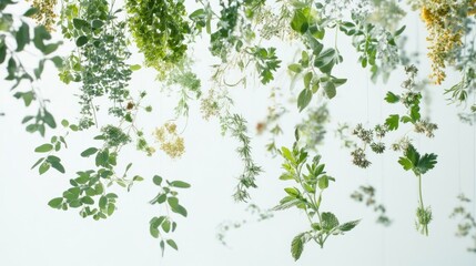 Obraz premium A collection of various green herbs and plants hanging from the ceiling