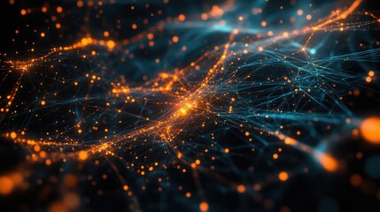 A complex web of glowing nodes and lines forming a modern abstract network, perfect for tech-themed banners, posters, and social media visuals.
