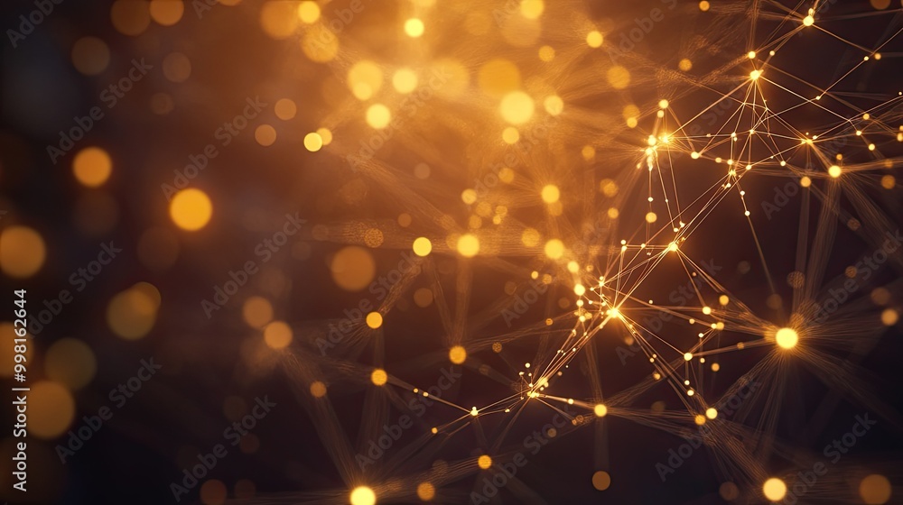 Poster a digital network of glowing nodes and thin connecting lines, set against a dark, abstract backgroun