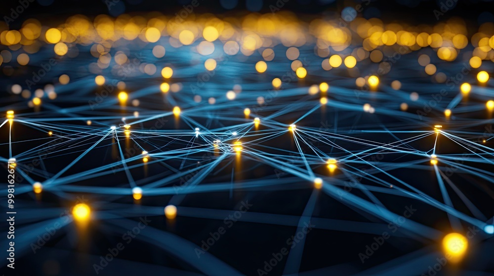 Poster a digital network of glowing nodes and thin connecting lines, set against a dark, abstract backgroun
