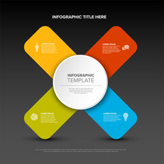 Multipurpose cross infographic template with big center and four elements on color crossed stripes all on dark gray background with light shadow