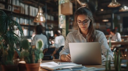 Corporate businesswoman working in a bustling marketing office area, planning plans in books and reading emails on her laptop in the office. 